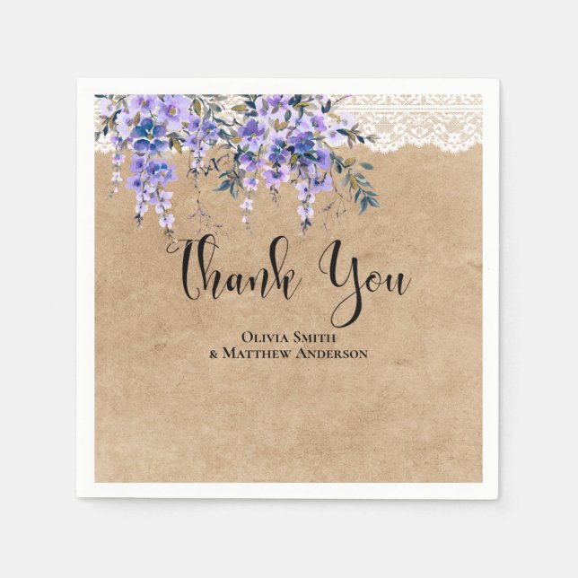 Rustic Wisteria Floral Lace Wedding Thank You Napkin (Front)