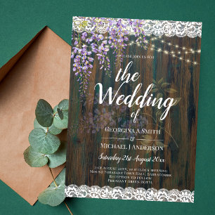 Rustic Wisteria Wood Lace Lights Purple Wedding Invitation