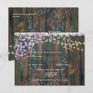 Rustic Wisteria Wood Lace Lights Wedding RSVP Postcard