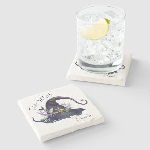 Rustic Witches Floral Herbal Black Hat White  Stone Coaster