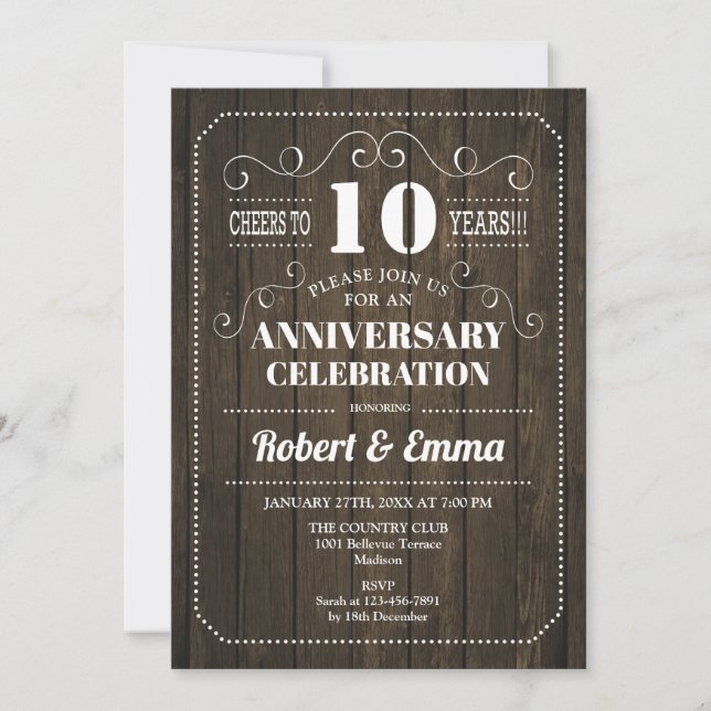 Rustic Wood 10th Wedding Anniversary Party Invitation (Front)