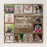 Rustic Wood 12 Photo Collage Family Jigsaw Puzzle<br><div class="desc">Create your own photo collage jigsaw puzzle with 12 of your favorite pictures on a wood texture background.Personalize with family name and established date. The "Family is Everything" quote adds a unique touch to the photo jigsaw puzzle.The family photo collage jigsaw puzzle is perfect for solo or family time activity....</div>