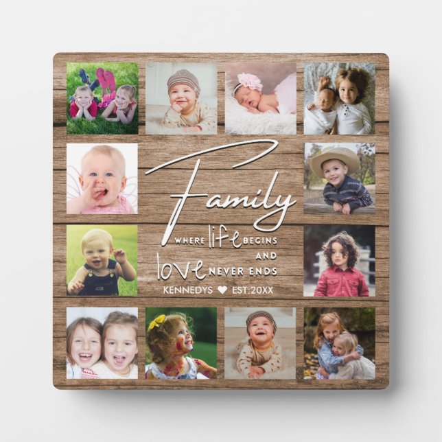 Rustic Wood 12 Photo Collage Family Quote Plaque (Front)