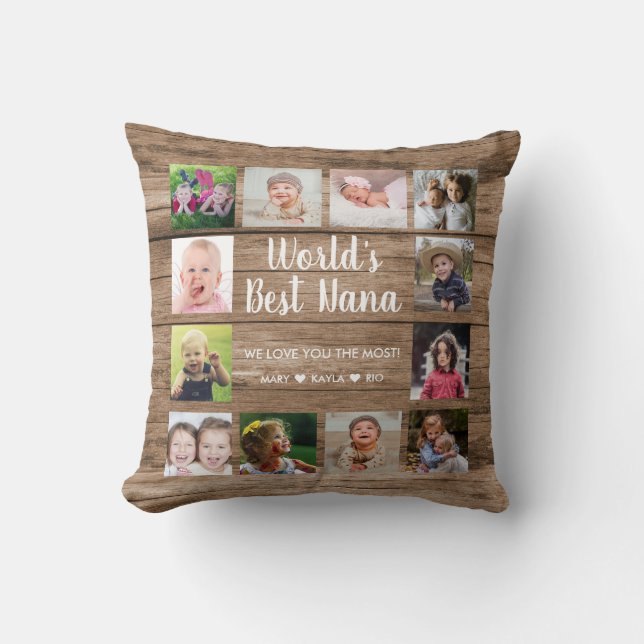  Rustic Wood 12 Photo Collage World's Best Nana Throw Pillow (Front)