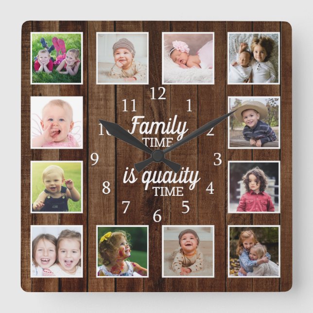 Rustic Wood 12 Photo Template Family Time Quote Square Wall Clock (Front)