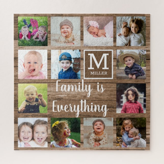 Rustic Wood 13 Photo Collage Family Monogram Jigsaw Puzzle (Vertical)