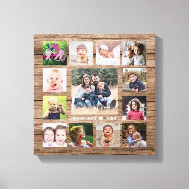 Rustic Wood 13 Photo Collage Family Name Keepsake Canvas Print (Front)
