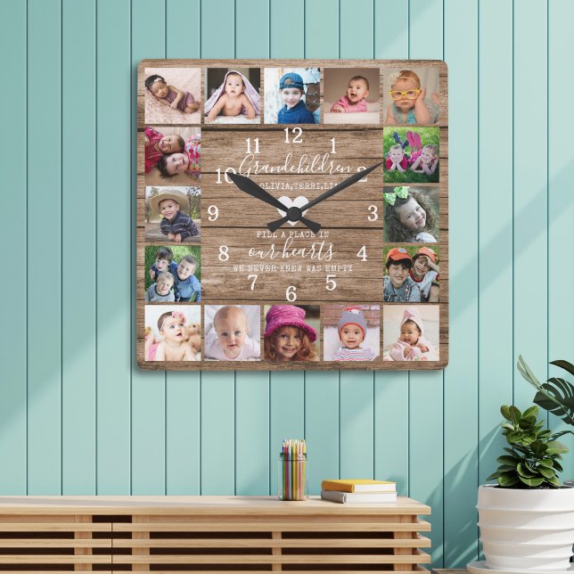 Rustic Wood 16 Photo Collage Grandchildren Quote Square Wall Clock (Creator Uploaded)