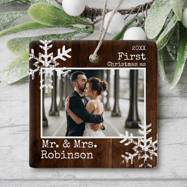 Rustic Wood 1st Christmas Mr. & Mrs. Photo Ceramic Ornament (Rustic snowflake family holiday keepsake photo ornament perfect for gifts to bring joy to others.)
