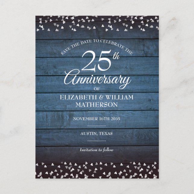 Rustic Wood 25th Silver Anniversary Save the Date Postcard (Front)