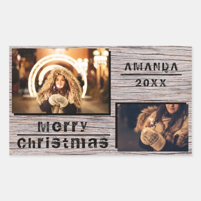 Rustic Wood 2 Photo Collage Christmas Holiday Sticker (Front)