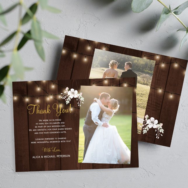 Rustic wood 2 photos winter wedding thank you card (Creator Uploaded)