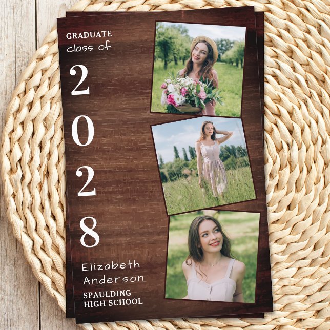 Rustic Wood 3 Photo Budget Graduation Invitation (Creator Uploaded)