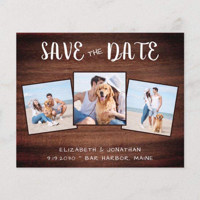 Rustic Wood 3 Photo Budget Wedding Save The Date (Front)