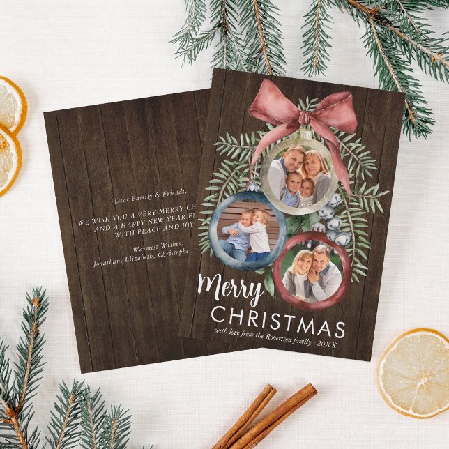 Rustic Wood 3 Photo Christmas Ornaments Elegant Holiday Card (Creator Uploaded)
