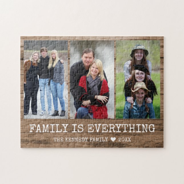 Rustic Wood 3 Photo Collage Family Name Quote Jigsaw Puzzle (Horizontal)
