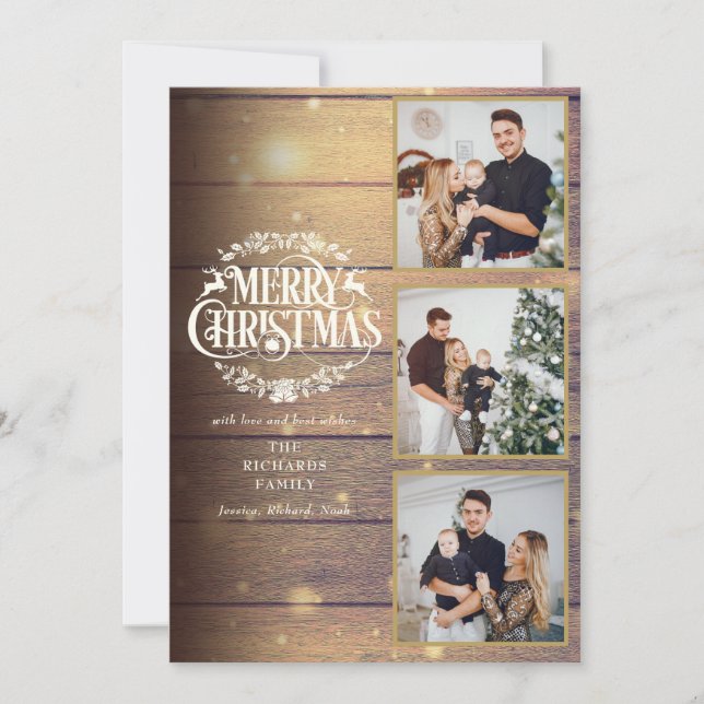 Rustic Wood 3 Photo Collage Merry Christmas Holiday Card (Front)