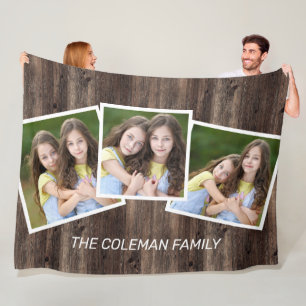 Rustic Wood 3 Photo Family Name Fleece Blanket