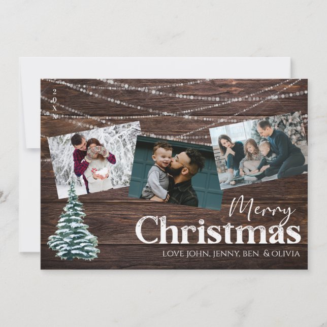 Rustic Wood 3 Photo Joyeuse carte de Noël avec arb (Devant)