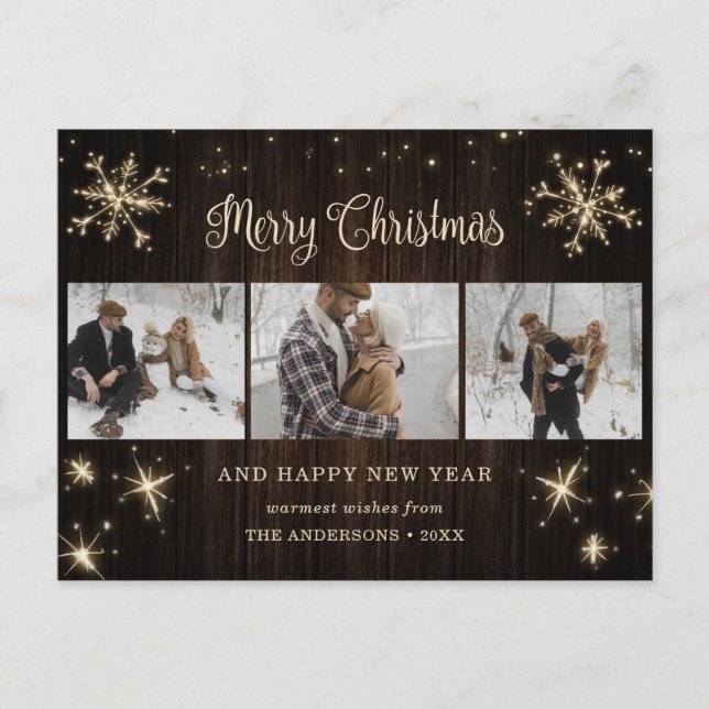 Rustic Wood 3 Photo Merry Christmas Postcards (Front)