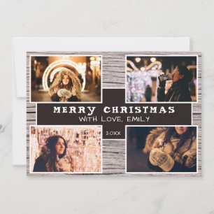 Rustic Wood 4 Photo Collage Christmas Picture Card