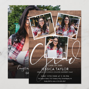 Rustic Wood 4 Photo Collage Graduation Party Invitation