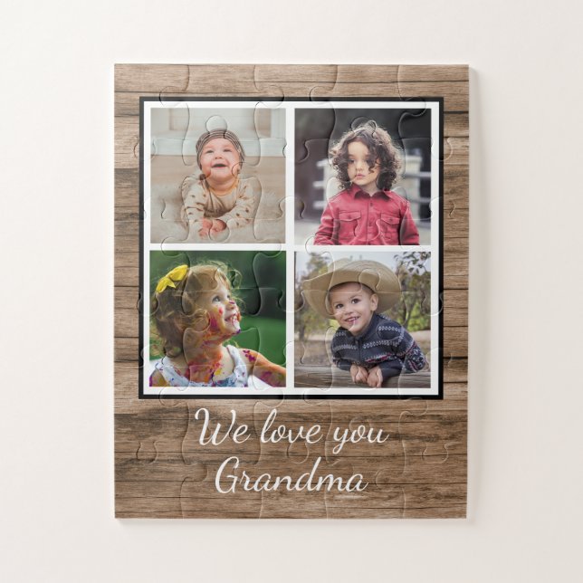 Rustic Wood 4 Photo Collage Grandma Jigsaw Puzzle (Vertical)
