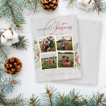 Rustic Wood 4 Photo Collage Merriest Christmas Foil Holiday Card<br><div class="desc">Elevate your holiday greetings with our Foil "Merriest Christmas" card. The birch wood background sets the stage for a 4-photo collage encased in a luxurious white and gold foil frame. Complemented by tasteful watercolor poinsettia and holly berry accents.</div>