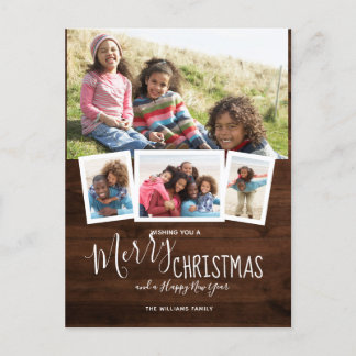 Rustic Wood  4 Photo Collage Merry Christmas Holiday Postcard
