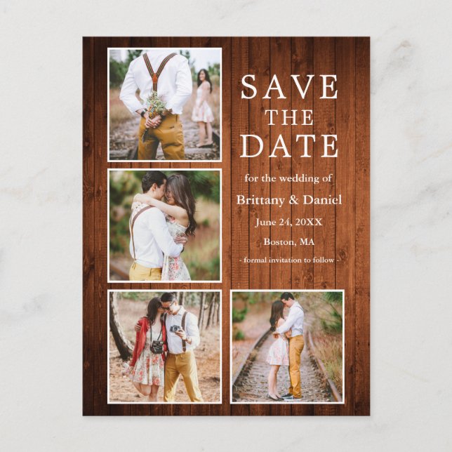 Rustic Wood 4 Photo Engagement Save the Date Postcard (Front)