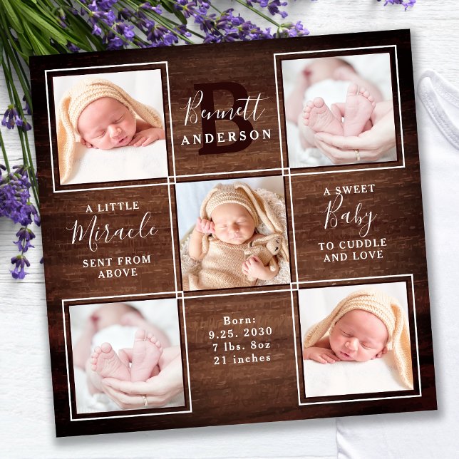 Rustic Wood 5 Photo Collage New Baby Stats Shower Thank You Card (Creator Uploaded)