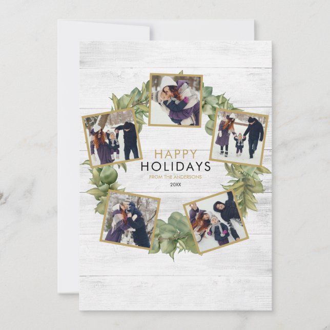 Rustic Wood 5 Photo Greenery Wreath Christmas Holiday Card (Front)