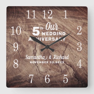 Rustic Wood 5th Wedding Anniversary Personalized Square Wall Clock