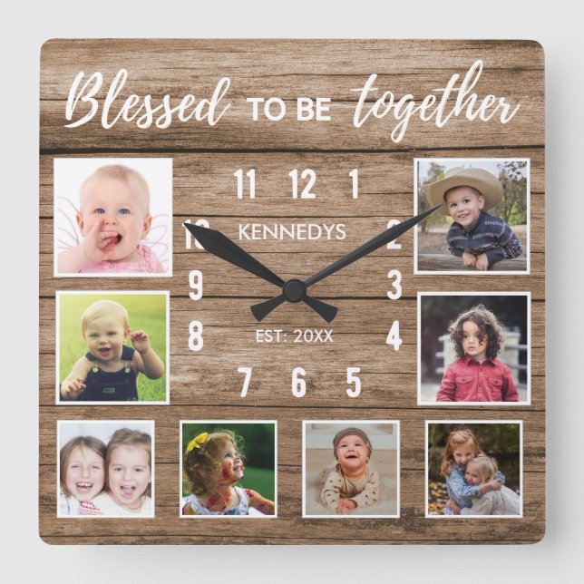Rustic Wood 8 Photo Collage Blessed Family Quote Square Wall Clock (Front)