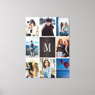 Rustic Wood 8 Photo Collage Monogram Personalized Canvas Print