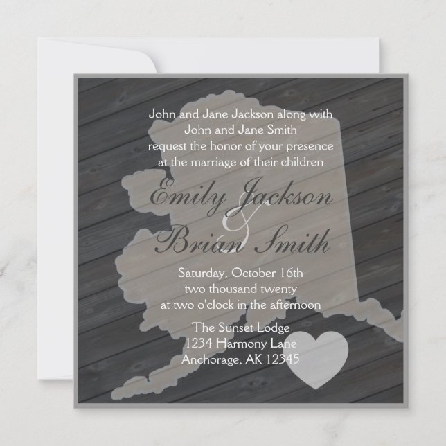 Rustic wood Alaska grey wedding invitations (Front)