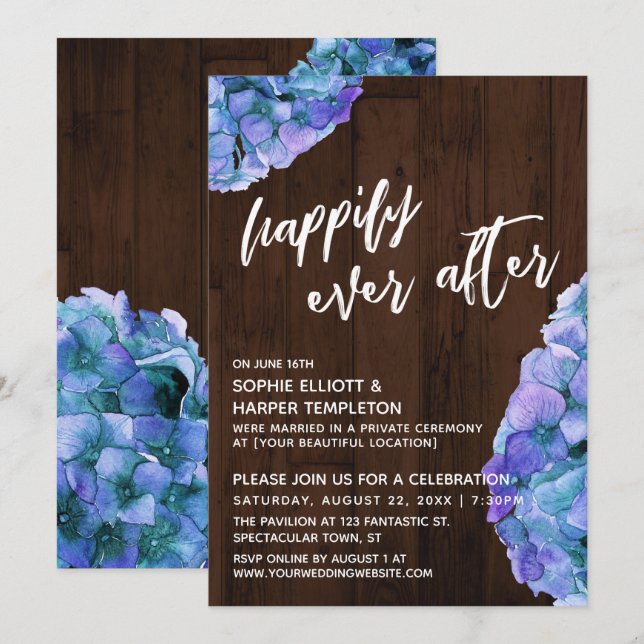 Rustic Wood and Blue Hydrangea Happily Ever After Invitation (Front/Back)