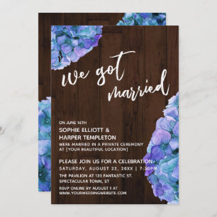 Rustic Wood and Blue Hydrangea We Got Married Invitation