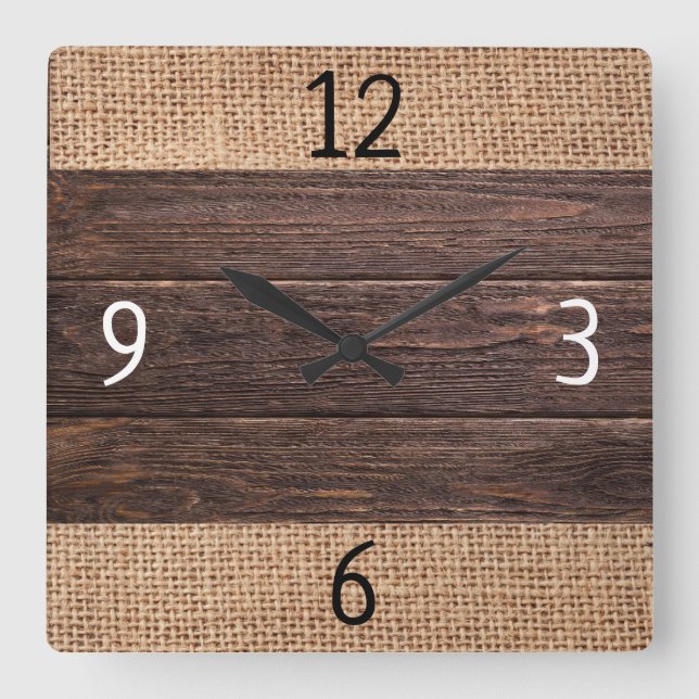 Rustic Wood And Burlap Farmhouse Square Wall Clock (Front)