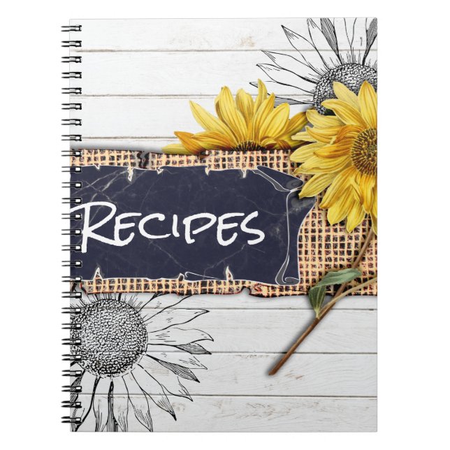 Rustic Wood and Burlap Sunflower Recipe Notebook (Front)