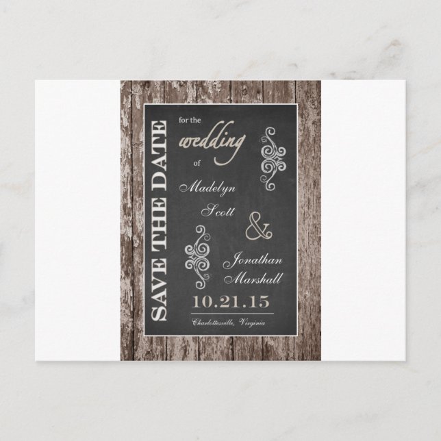 Rustic Wood and Chalkboard 5x7 Save the Date Announcement Postcard (Front)