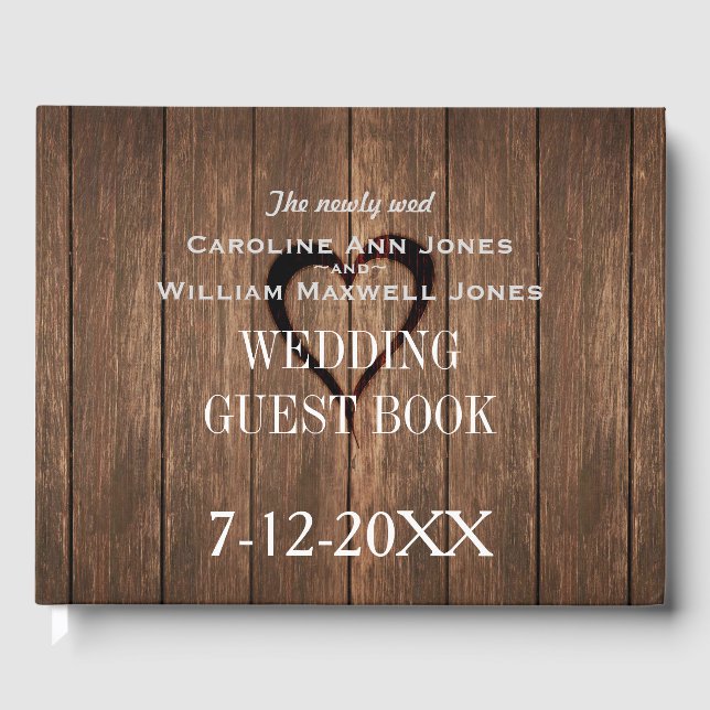 Rustic Wood and Engraved Heart Guest Book (Front)