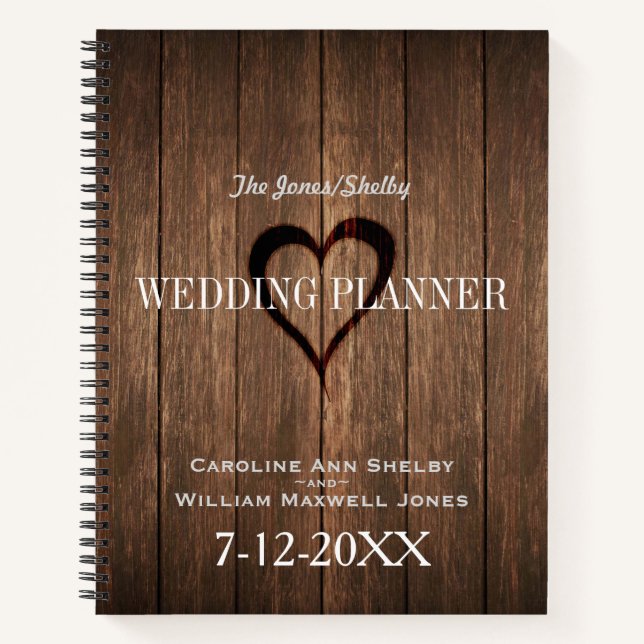 Rustic Wood and Engraved Heart Wedding Planner Notebook (Front)