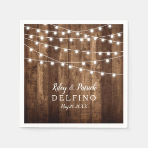 Rustic Wood and Fairy Lights Wedding Cocktail Napkin