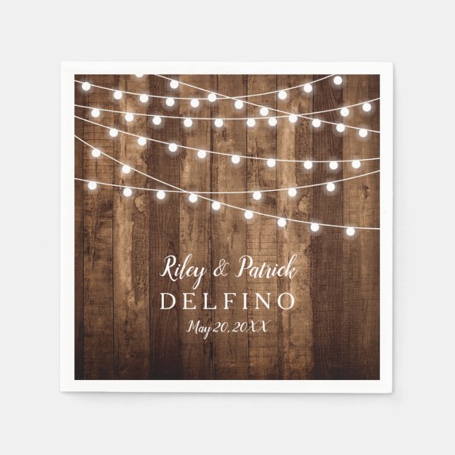 Rustic Wood and Fairy Lights Wedding Cocktail Napkin (Front)