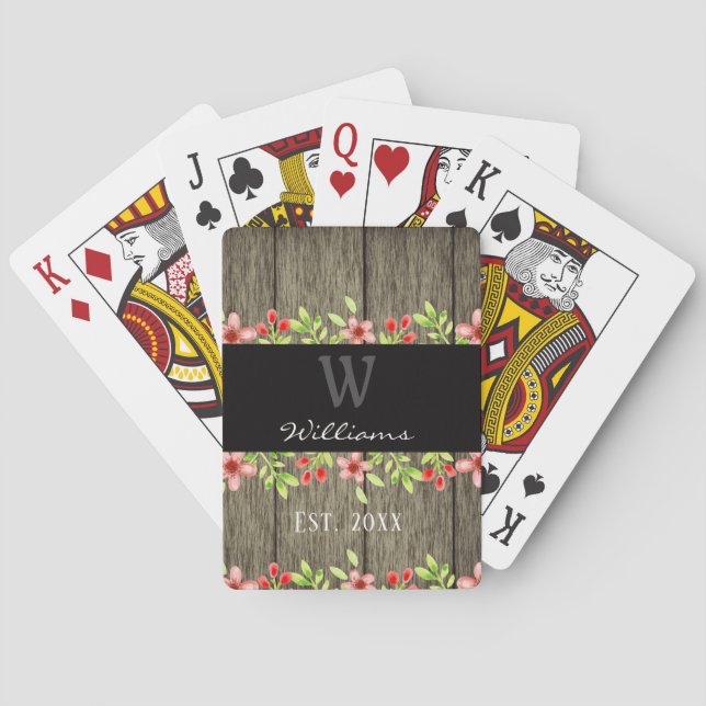 Rustic Wood and Floral Family Name Monogramed Playing Cards (Back)