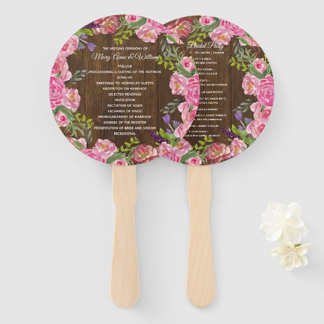 Rustic Wood and Floral Wreath Wedding Program Fan (Front and Back)