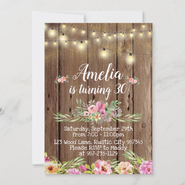 Rustic Wood and Flowers Birthday Invitation (Front)