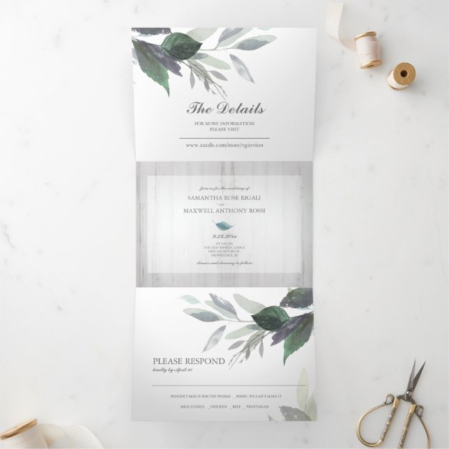 Rustic Wood and Foliage All In One Wedding Invite (Inside)