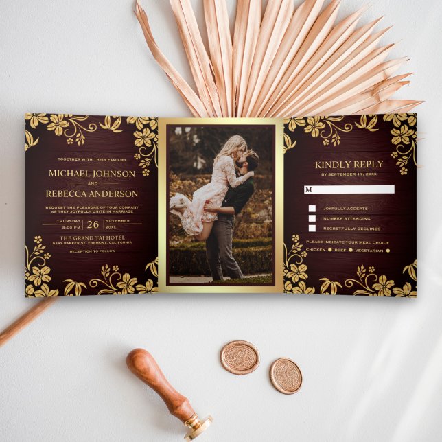 Rustic Wood and Gold Foil Floral Leaves Wedding Tri-Fold Invitation (Creator Uploaded)